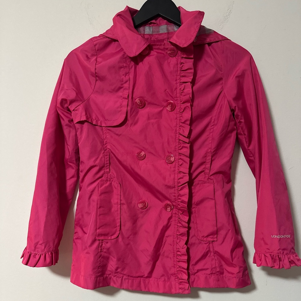 London Fog girls' hooded, double-breasted, ruffled trench coat.